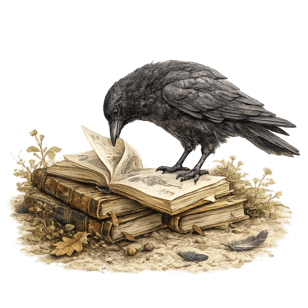 Crow turning the page of an open book while exploring a stack of nature books