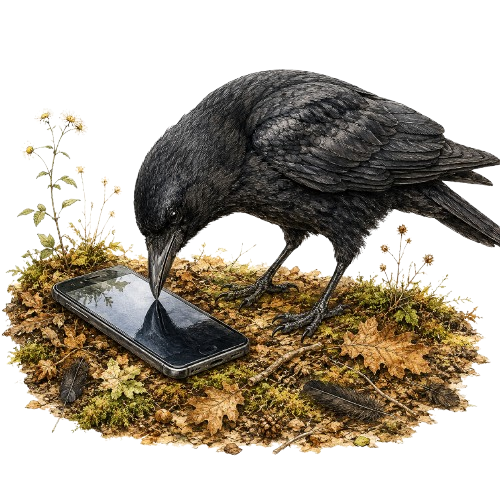 Curious crow tapping a smartphone lying on the forest floor with its beak