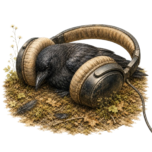 Crow resting inside oversized headphones on a forest floor as if listening to nature sounds