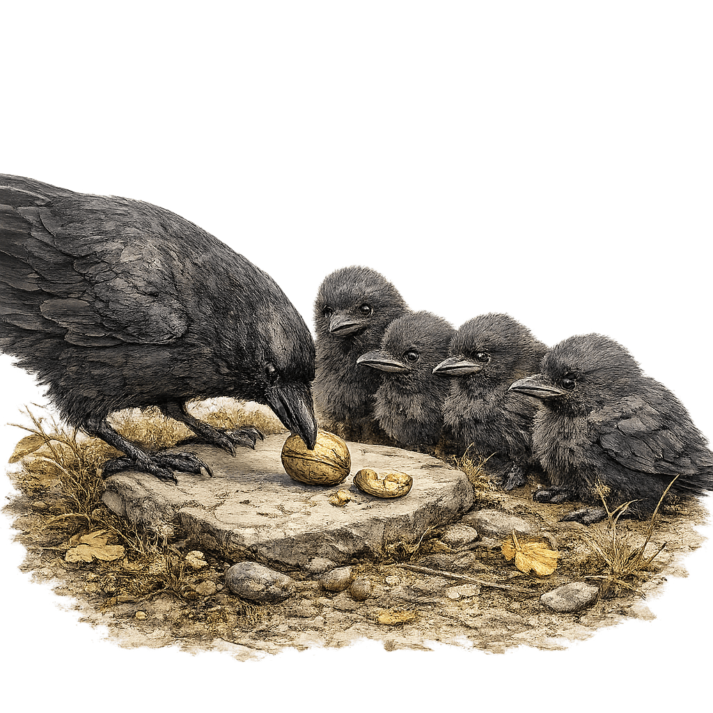 Adult crow teaching young chicks how to crack a walnut using natural problem-solving
