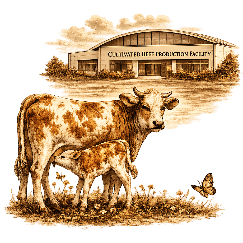 Calf nursing from its mother beside a cultivated beef production facility