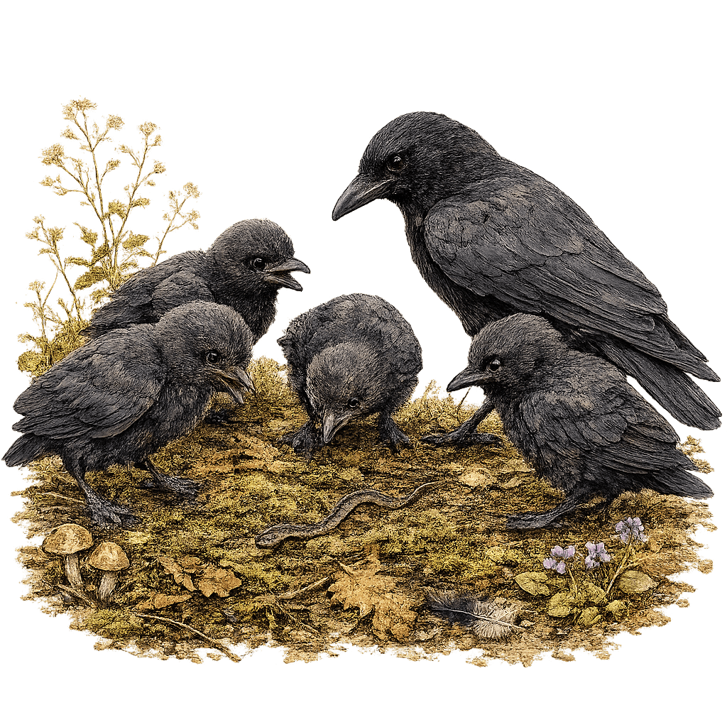 Crow family closely observing a small snake on the forest floor with curiosity