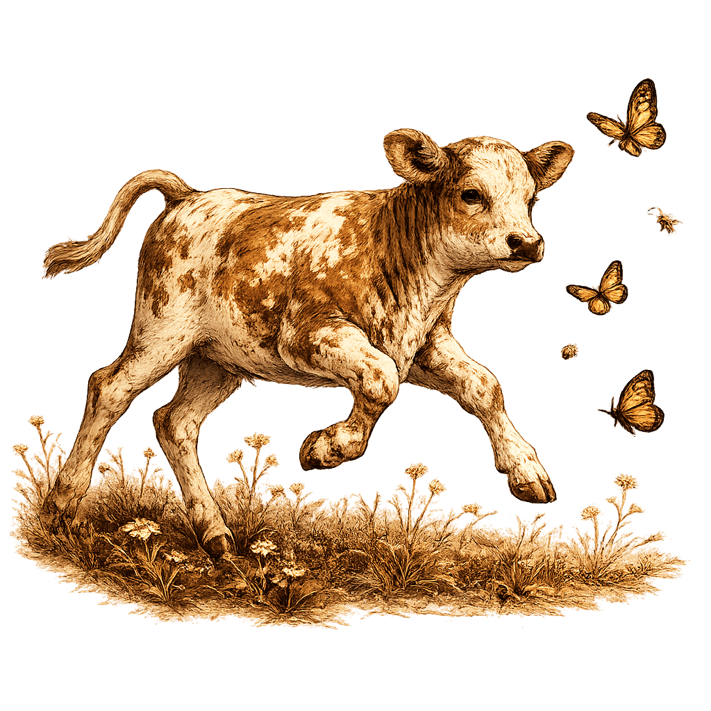 Young calf running through a wildflower meadow while following monarch butterflies and bees