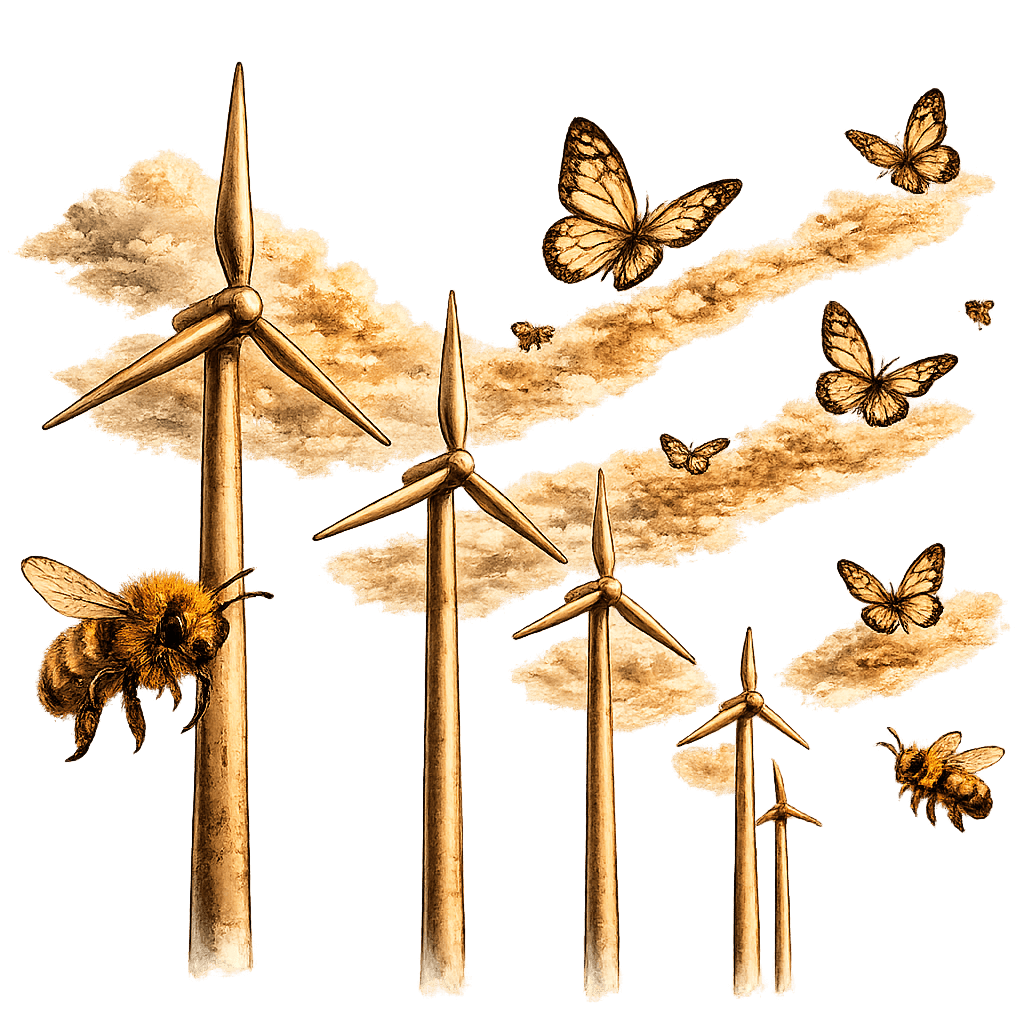 Monarch butterflies and bees flying among wind turbines