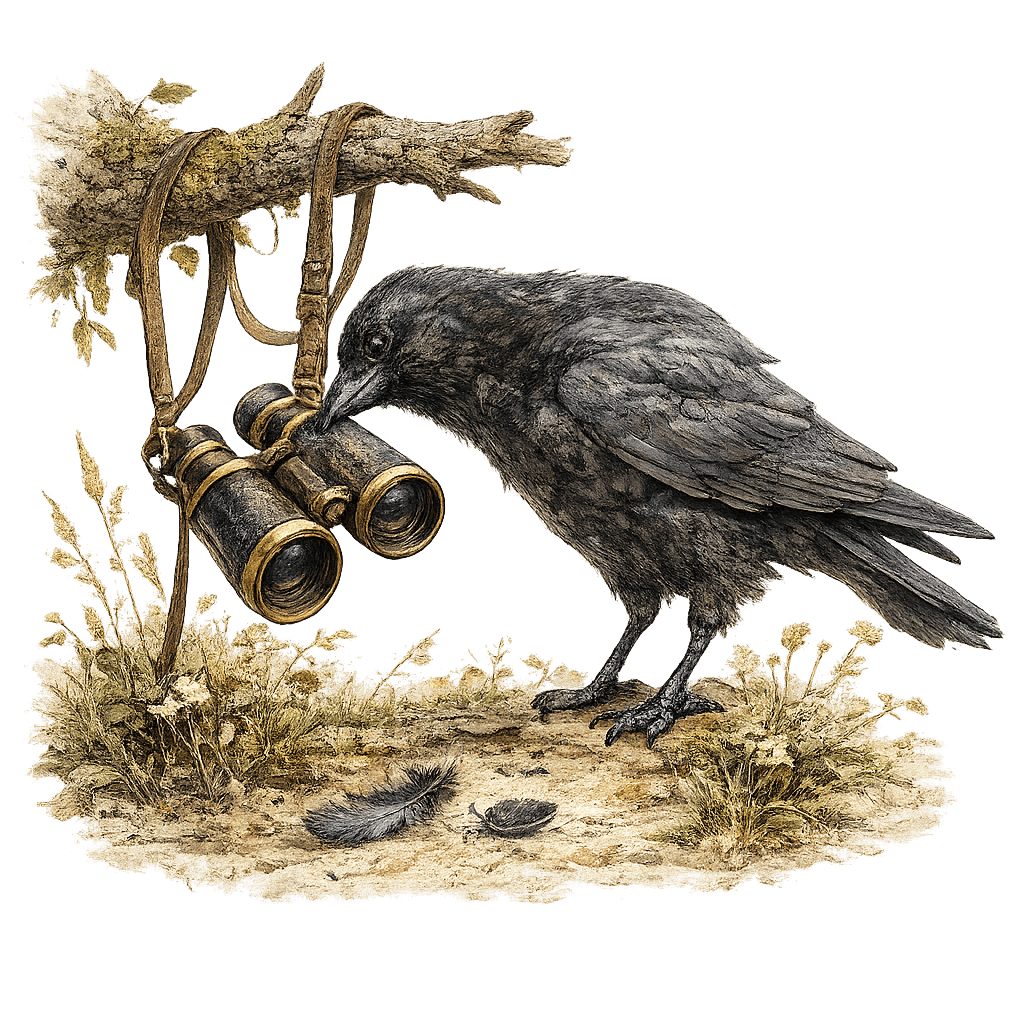 Crow curiously inspecting binoculars hanging from a tree branch in a natural woodland setting