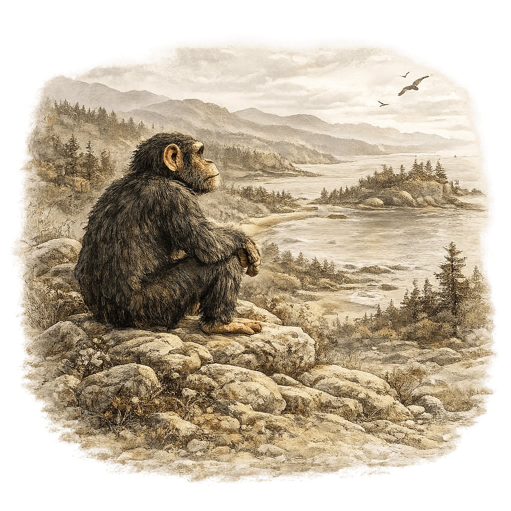 Chimpanzee overlooking a natural landscape, representing exploration, wildlife travel, and destinations that inspire naturalists.