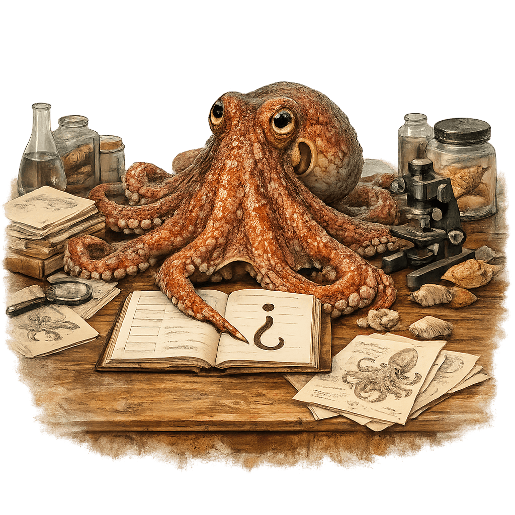 Octopus exploring a scientific question among research papers and study materials.