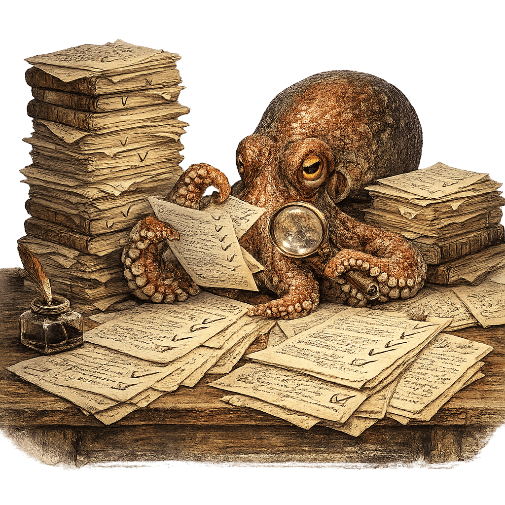 Octopus reading research papers and review documents with checkmarks.