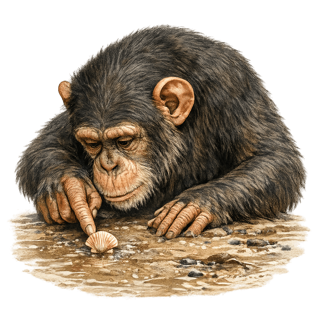 Chimpanzee carefully observing a scallop shell, symbolizing curiosity, observation, and the first steps toward becoming a naturalist.