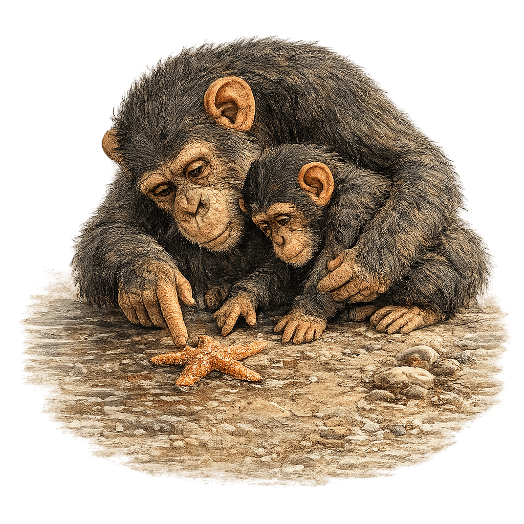 Mother chimpanzee and young chimp exploring a starfish together, representing curiosity, nature education, and raising little naturalists.