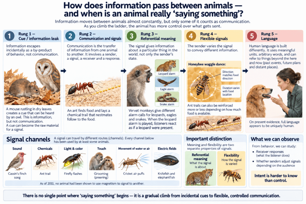 Five-stage diagram showing how animal information progresses from incidental cues to signals, meaning, flexibility, and human language.