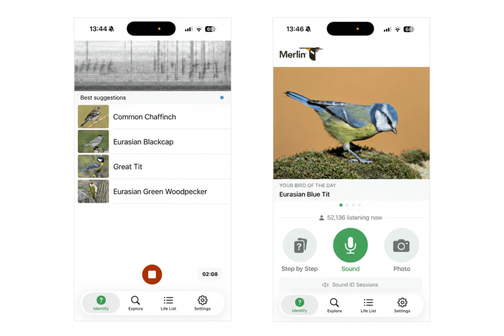 Two Merlin Bird ID app screens: a live spectrogram with suggested species including Common Chaffinch and Great Tit, and the app home screen with a Eurasian Blue Tit as bird of the day